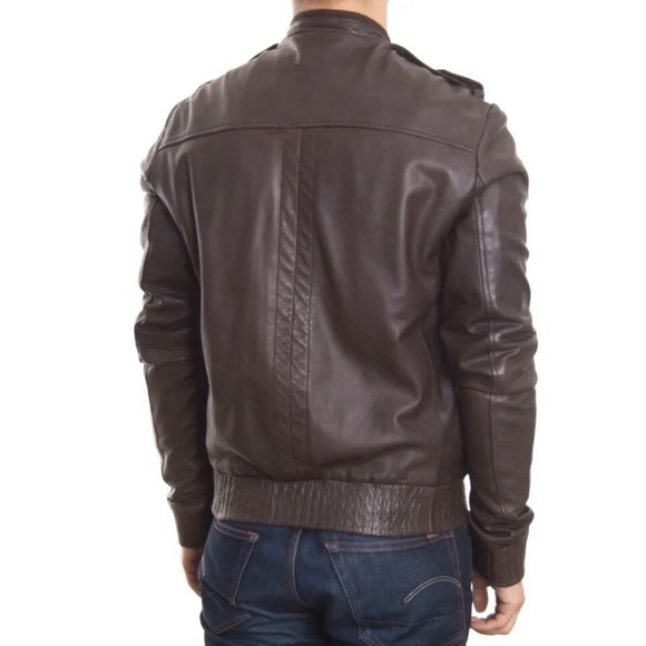 AllSaints Leather ‘Jack’ Bomber Jacket UK Size Large Brown Autumn Winter - Picture 3 of 11